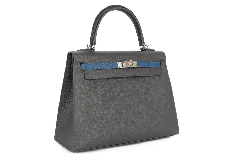 Hermès Kelly 25 Epsom / Tri Colour Ardoise / Black / Deep Blue PHW - Image 2