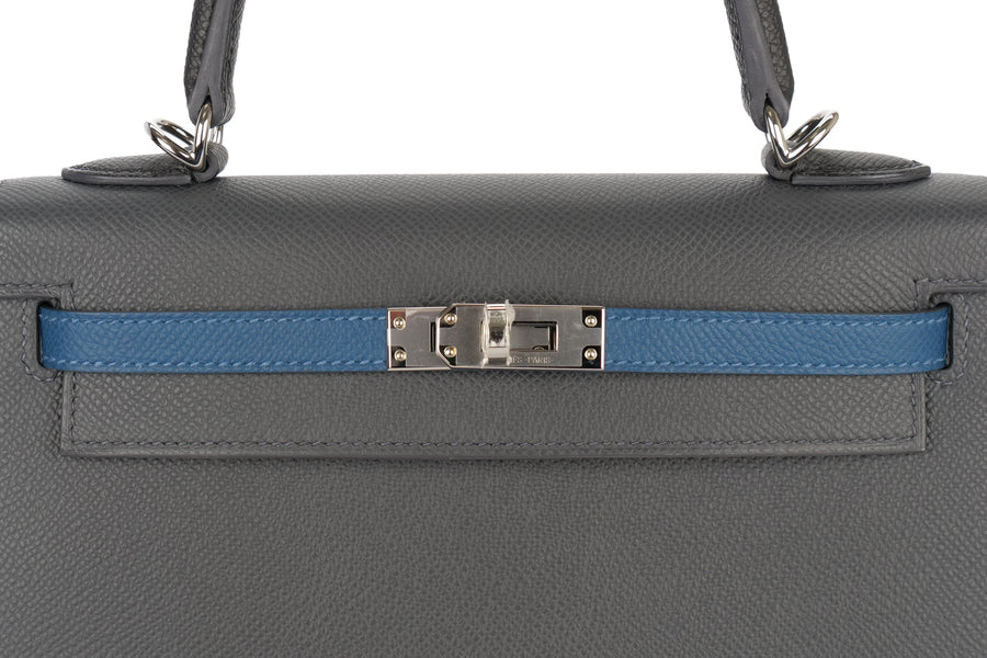 Hermès Kelly 25 Epsom / Tri Colour Ardoise / Black / Deep Blue PHW - Image 7
