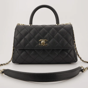 Chanel Small Coco Top Handle Flap Caviar Black Champagne GHW