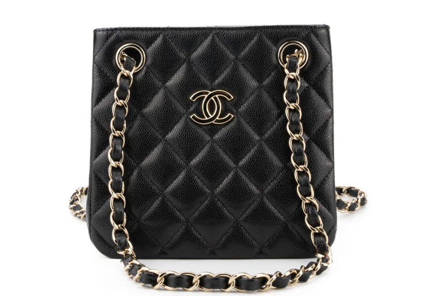 Chanel Drawstring Bag Caviar Black Champagne GHW - Image 3