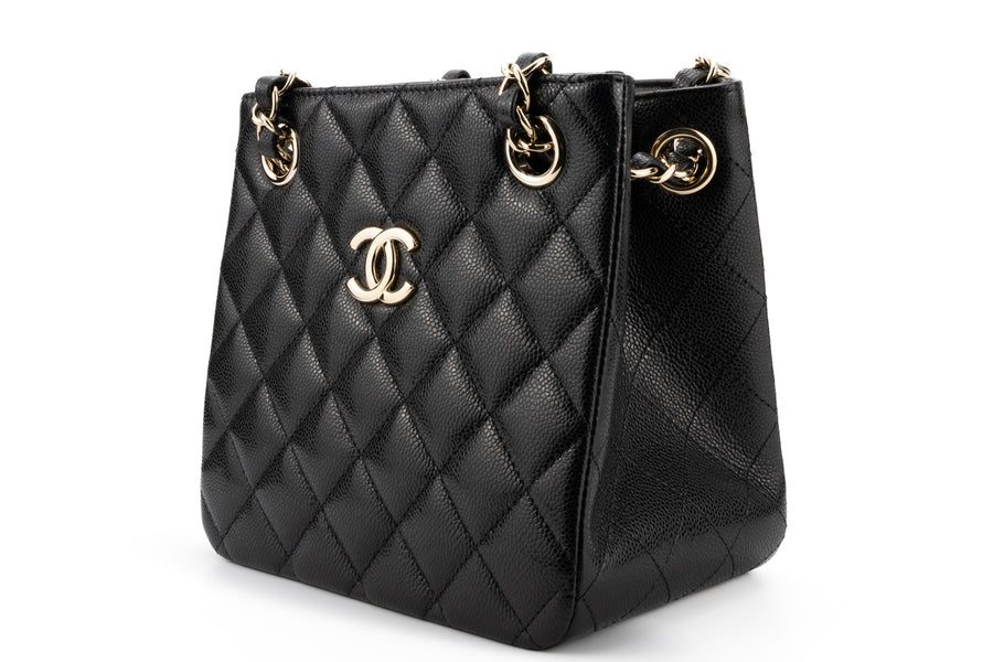 Chanel Drawstring Bag Caviar Black Champagne GHW - Image 4