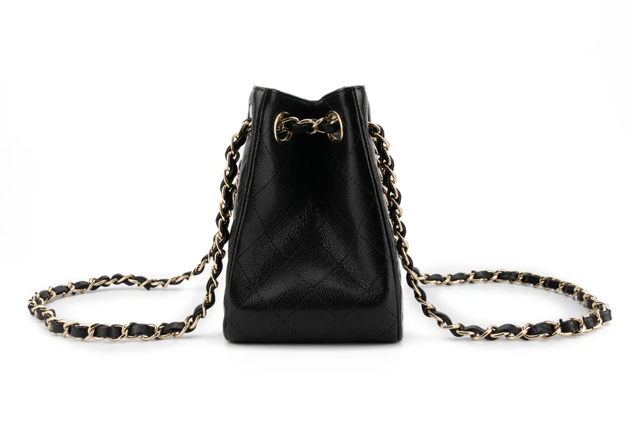 Chanel Drawstring Bag Caviar Black Champagne GHW - Image 9